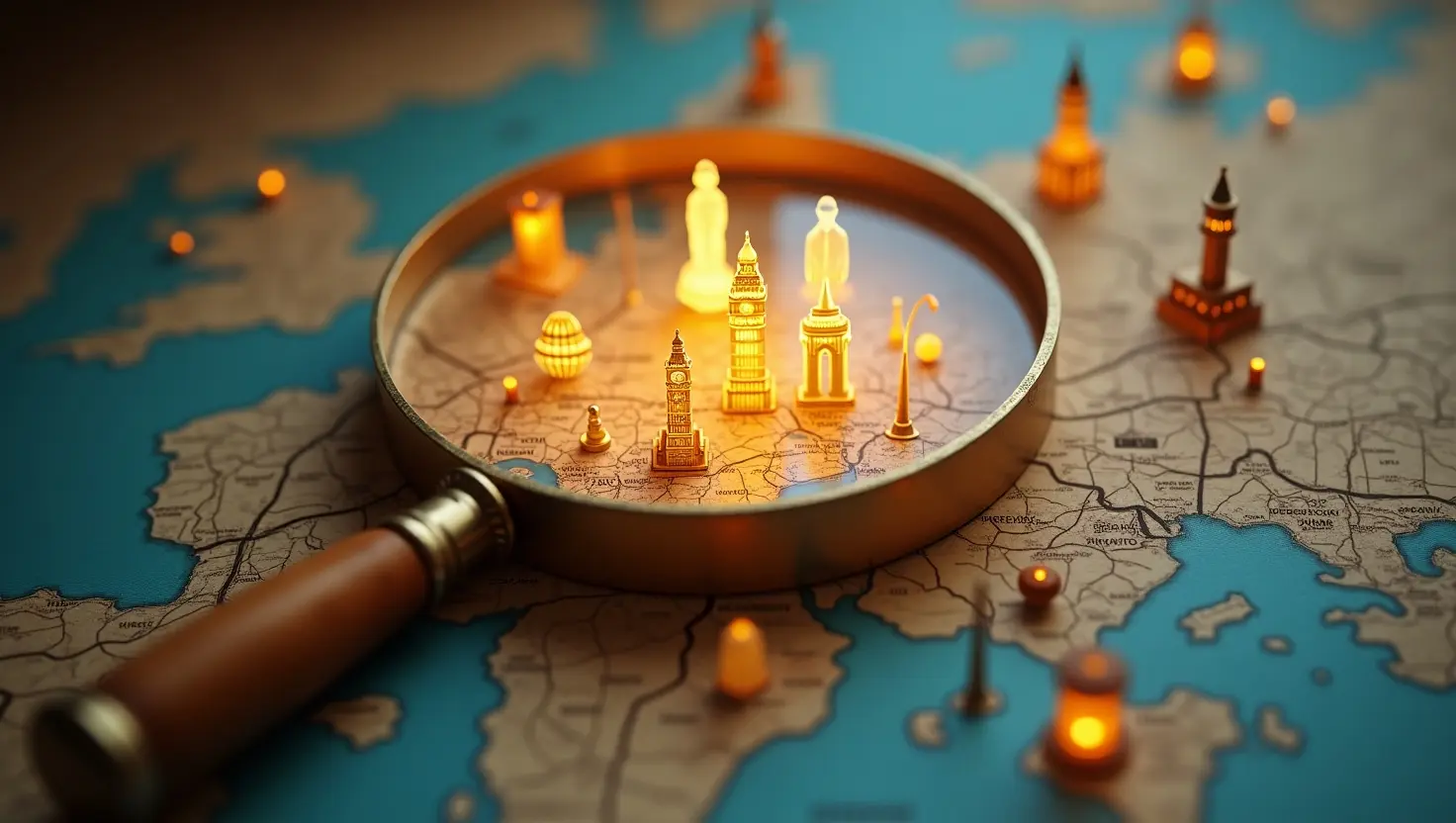Magnifying glass focusing on glowing London landmarks on a map, representing the secret formula of tourist attractiveness