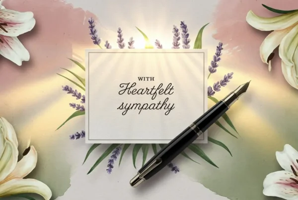 A sympathy card surrounded by watercolor flowers, lavender sprigs, and a fountain pen