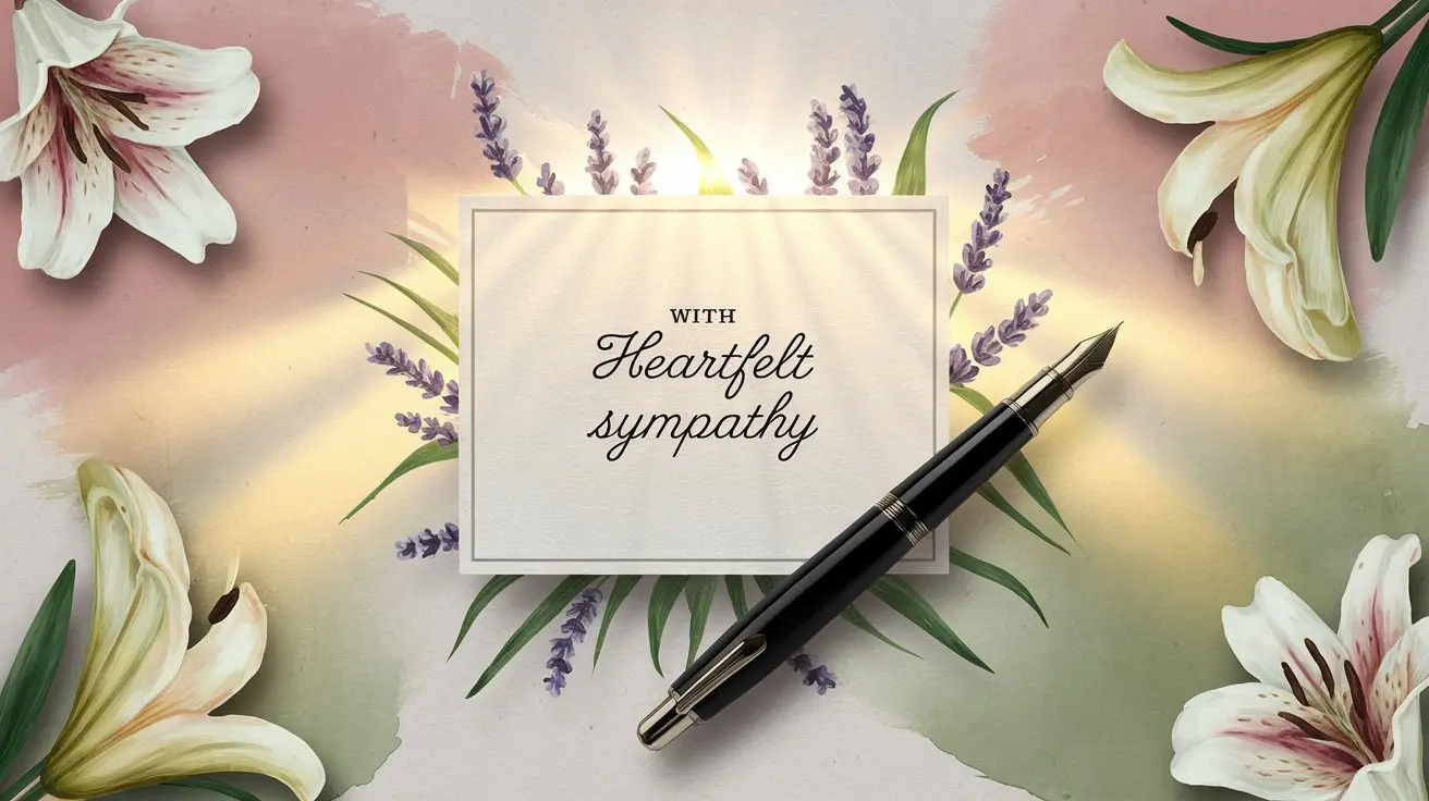 A sympathy card surrounded by watercolor flowers, lavender sprigs, and a fountain pen