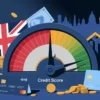 Credit score gauge with British flag, credit cards, and financial growth chart