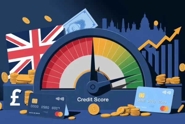 Credit score gauge with British flag, credit cards, and financial growth chart