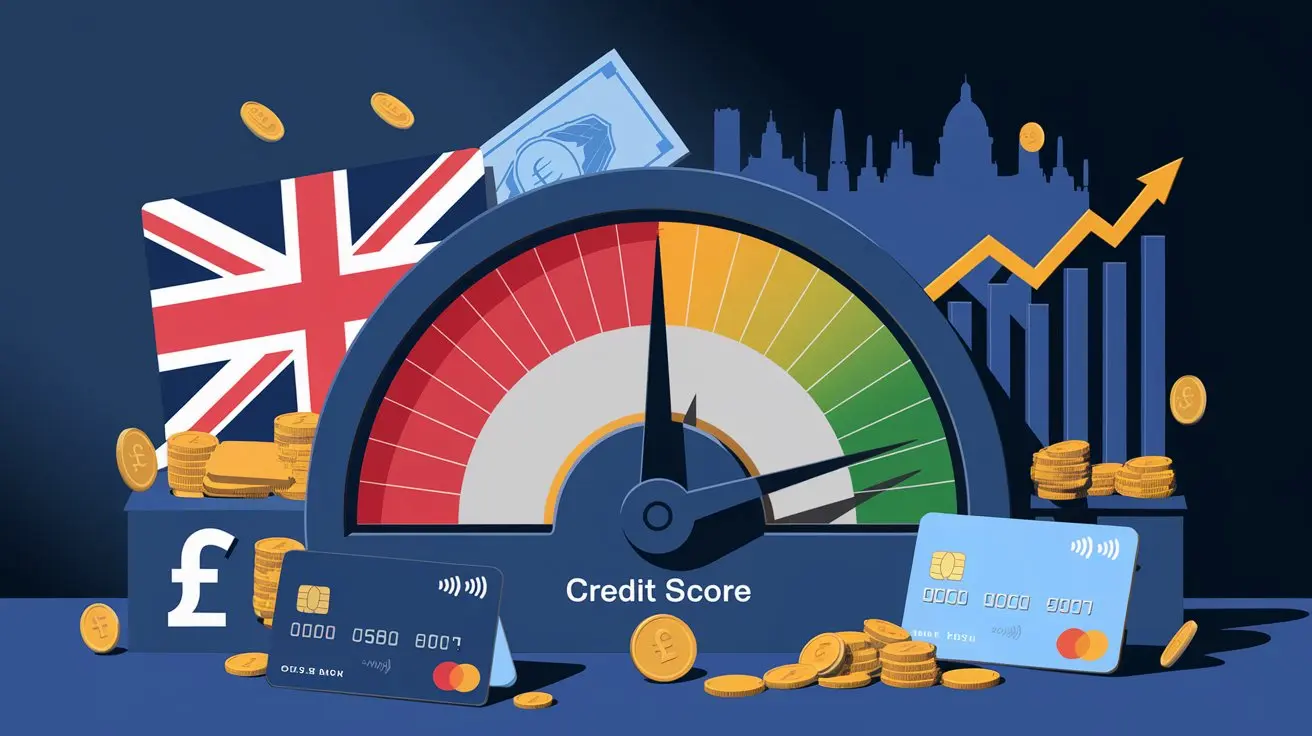 Credit score gauge with British flag, credit cards, and financial growth chart