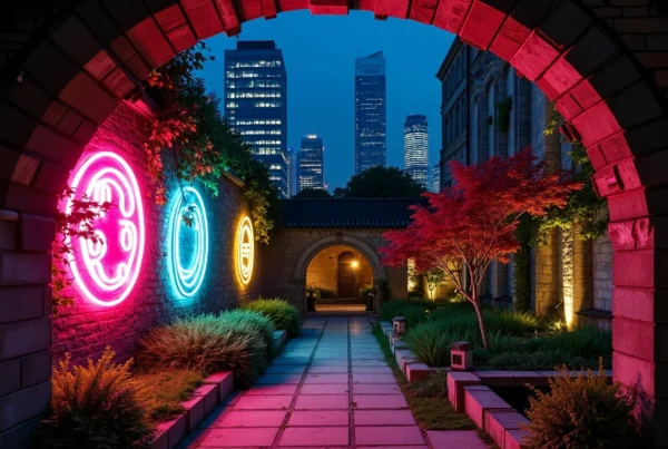 Neon art installation in garden pathway with city skyscrapers in twilight background