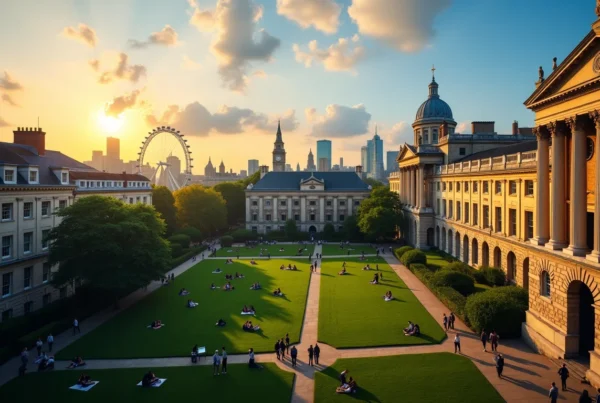 Somerset House courtyard at sunset with London skyline and London Eye in background