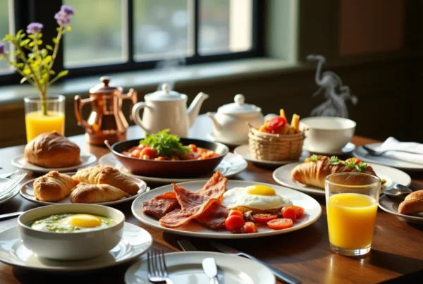 Breakfast spread with bacon, eggs, pastries, orange juice and tea on wooden table by window