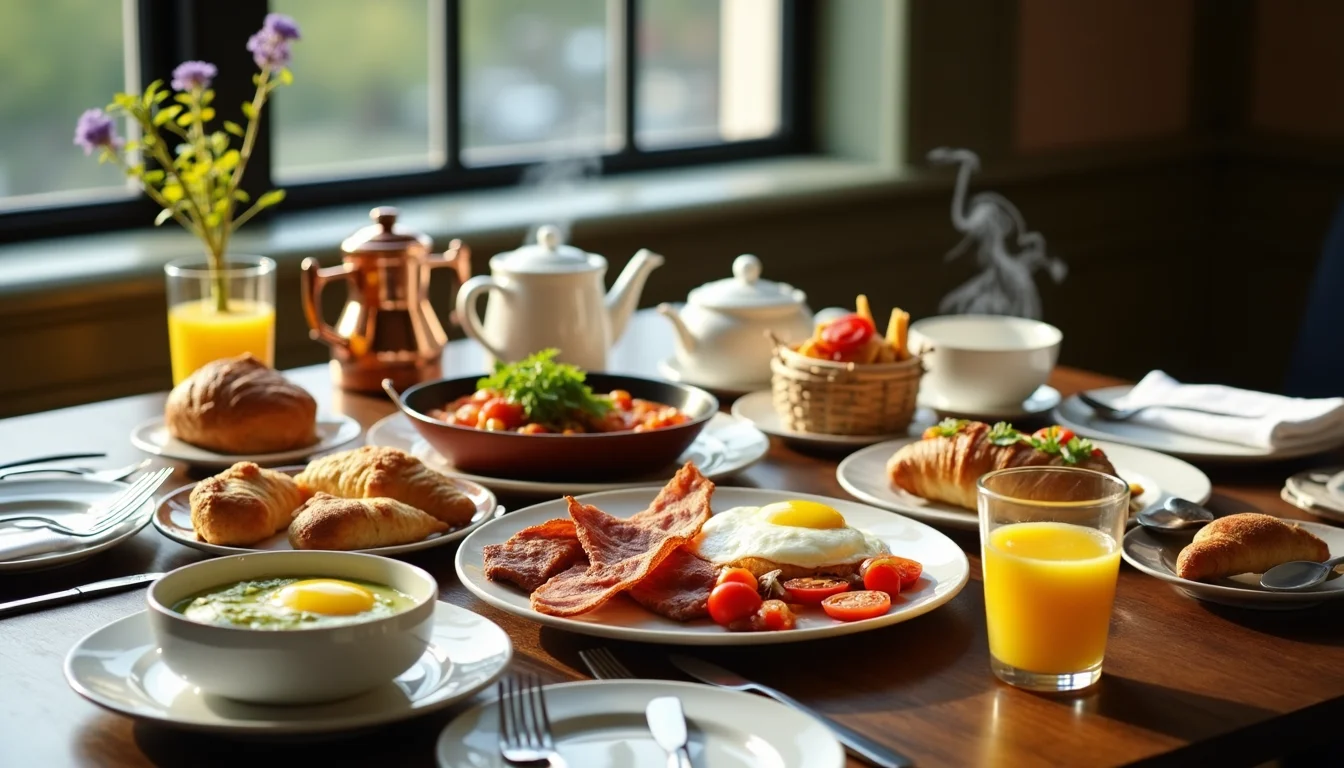 Breakfast spread with bacon, eggs, pastries, orange juice and tea on wooden table by window