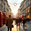 London shopping street with festive holiday decorations and red phone booths