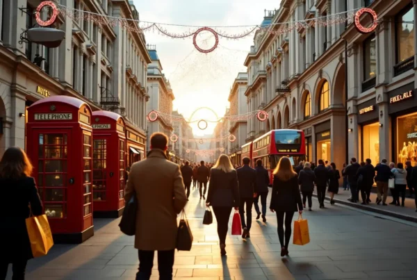 London shopping street with festive holiday decorations and red phone booths