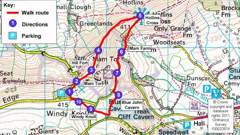 Map showing circular walk route around Mam Tor in the Peak District