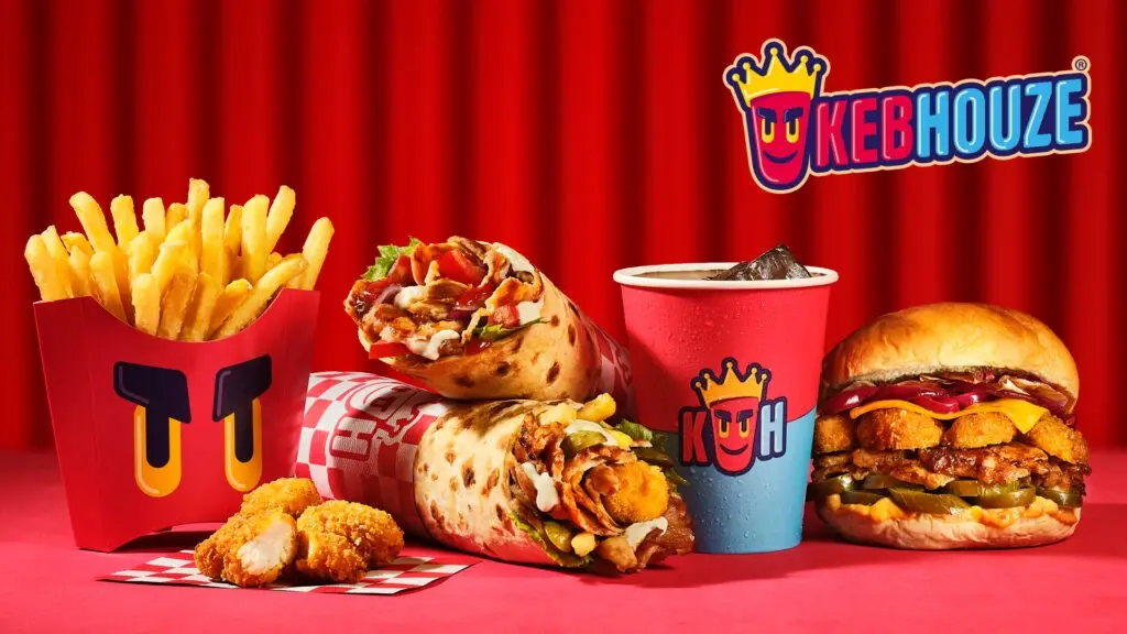 Kebhouze kebab wraps, burger, fries, drink, and nuggets displayed against a red background