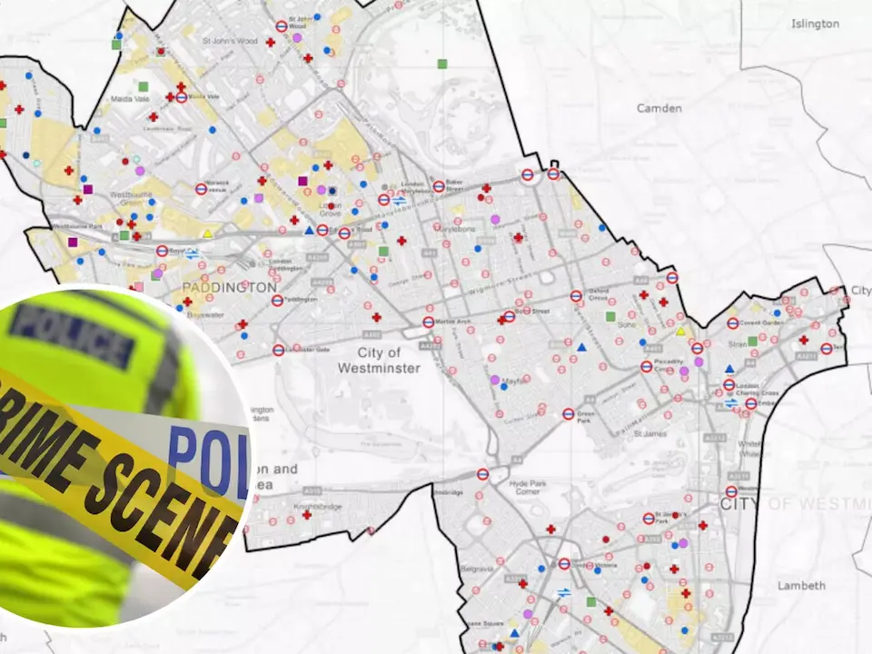 Crime map of Westminster in London displaying locations of various offences, with an inset image of police crime scene tape