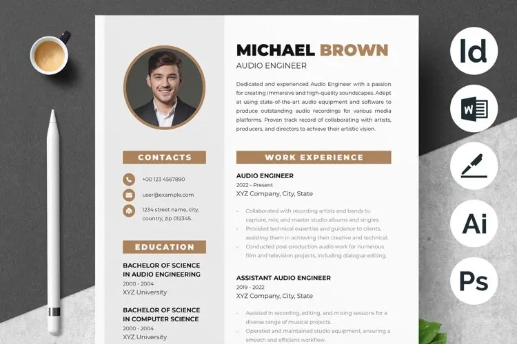 A clean and professional CV template for an audio engineer, showing sections for contacts, education, and work experience