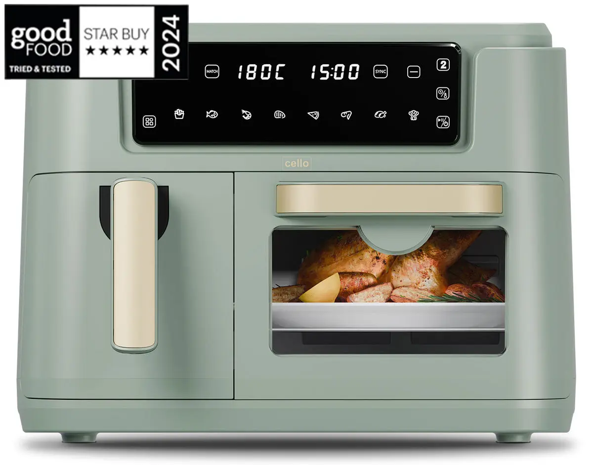 Sage green Cello 2-in-1 air fryer and oven with chicken cooking inside