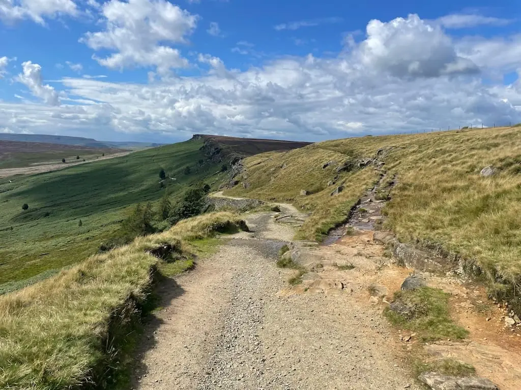 Wide gravel path leading towards the Stanage Edge escarpment