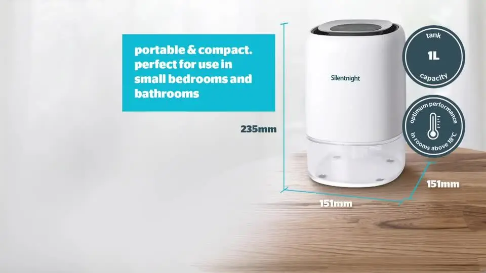 Silentnight Airmax 300 dehumidifier with graphics showing dimensions and features