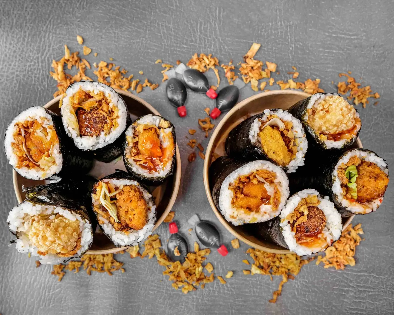 Overhead view of Crispy Rolls sushi filled with various crispy ingredients