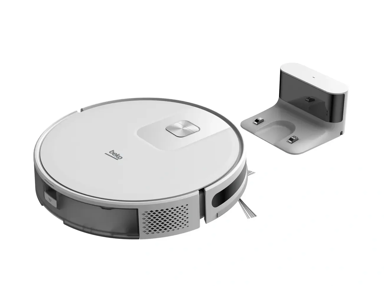 White Beko VRR60314VW Robot Vacuum with its charging dock