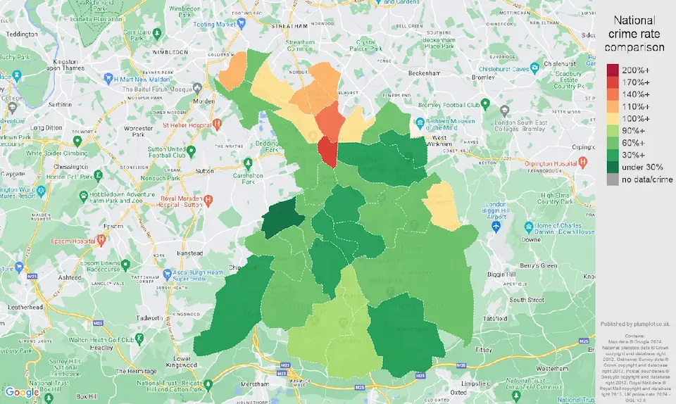 eatmap of the London borough of Croydon comparing crime rates to the national average, with red areas showing the highest crime