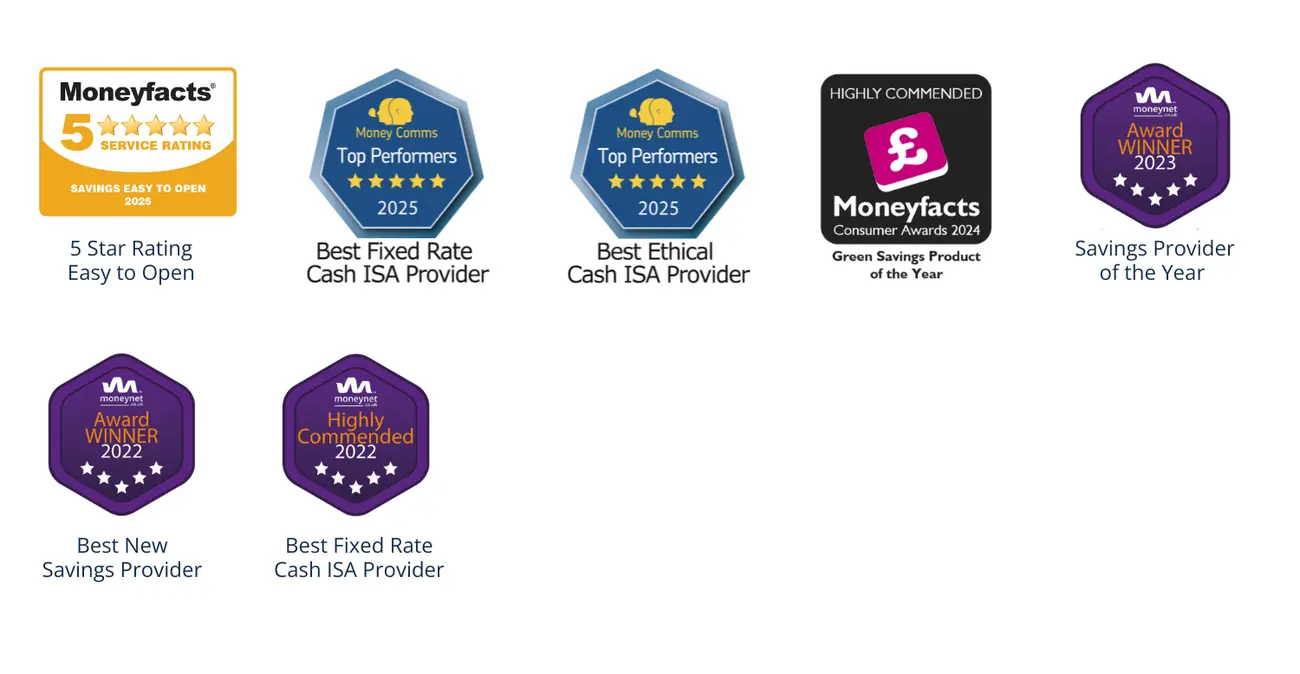 Collage of award logos including Moneyfacts, MoneyComms, and MoneyNet for savings and Best Cash ISAs