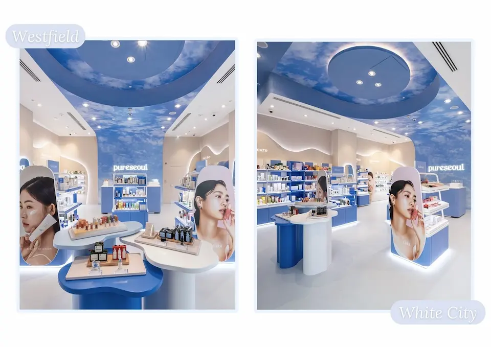 The modern blue and white interior of the PURESEOUL K-beauty store in Westfield White City, London