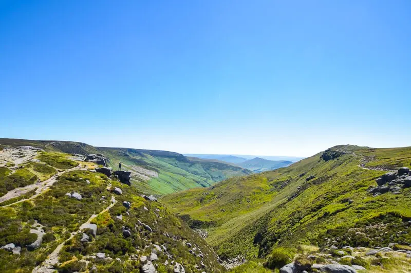 iew looking down into the green, rocky valley of Grindsbrook Clough