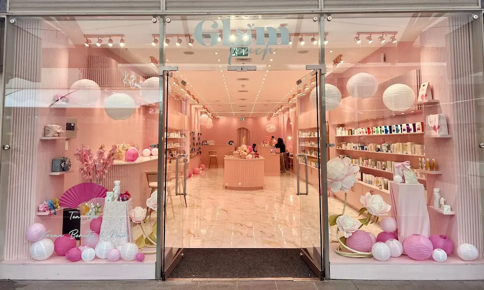 The elegant, all-pink storefront and interior of the Glam Touch K-beauty store in London