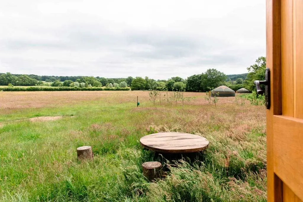 View from a cabin door across a wildflower meadow with yurts in the distance at Surrey Hills, an option for Glamping Near London