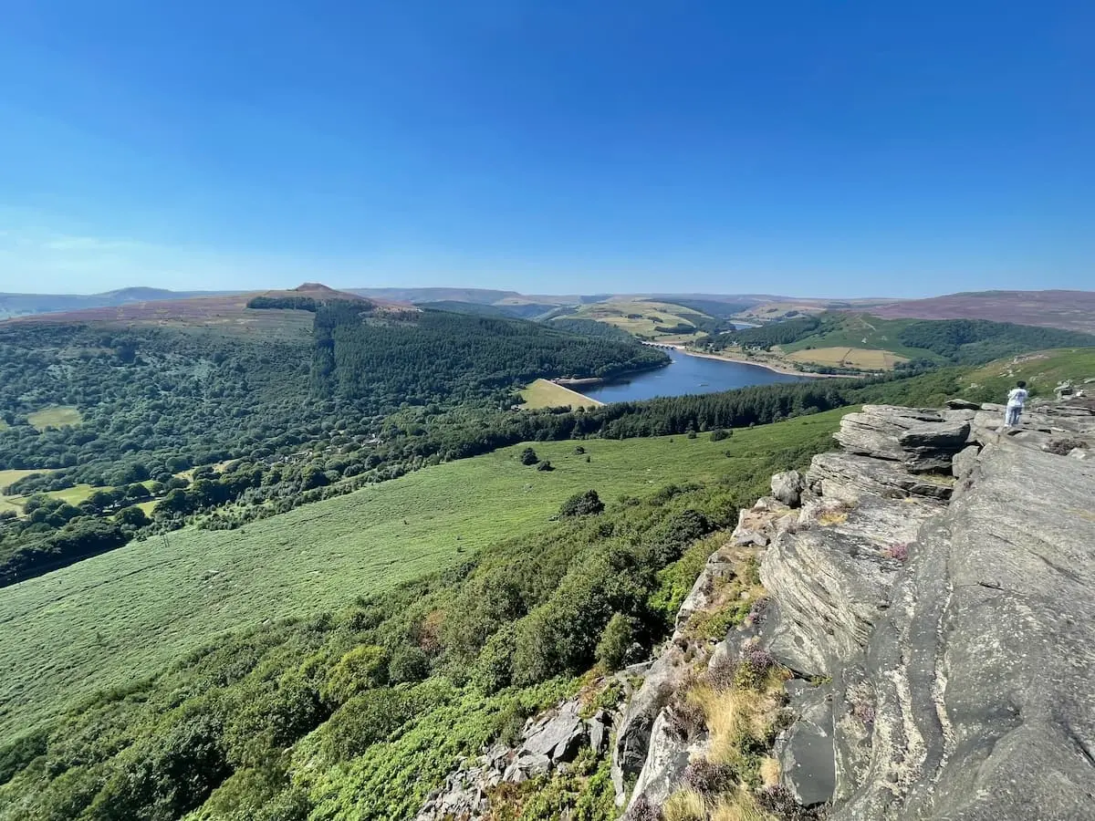 Sunny view along Bamford Edge overlooking Ladybower Reservoir and green hills