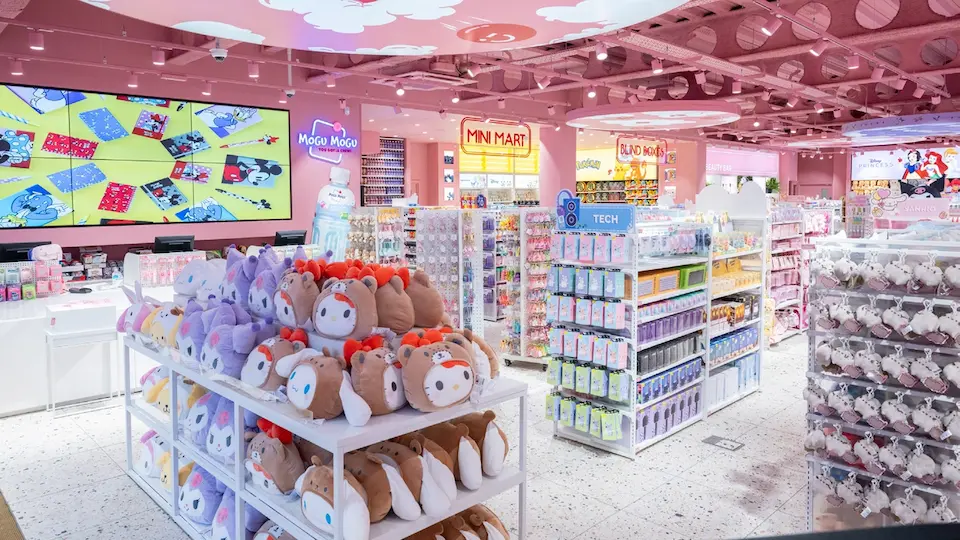 The bright, modern interior of a London K-pop and character store, with displays of plush toys and other merchandise