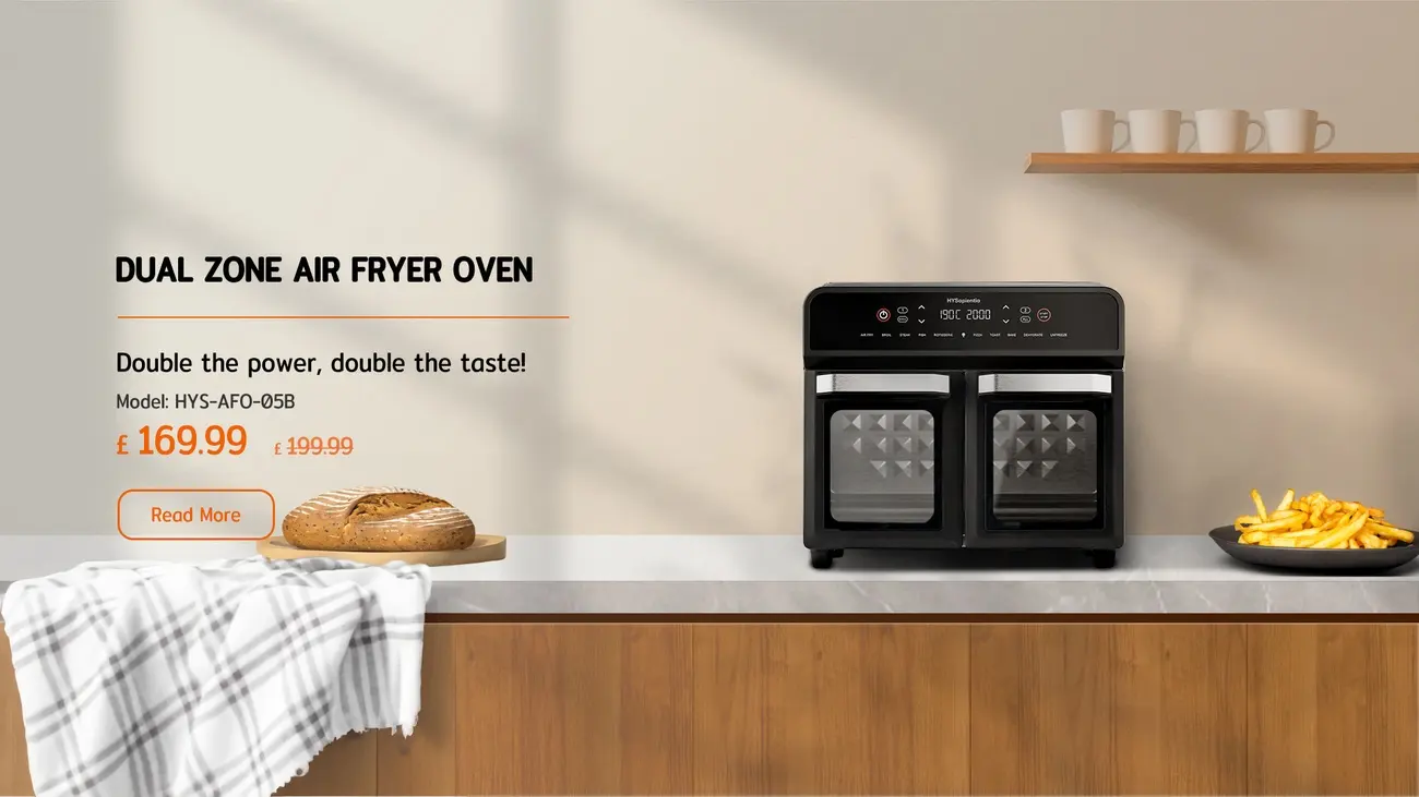 HYSapientia Dual Zone Air Fryer Oven on counter with bread and fries