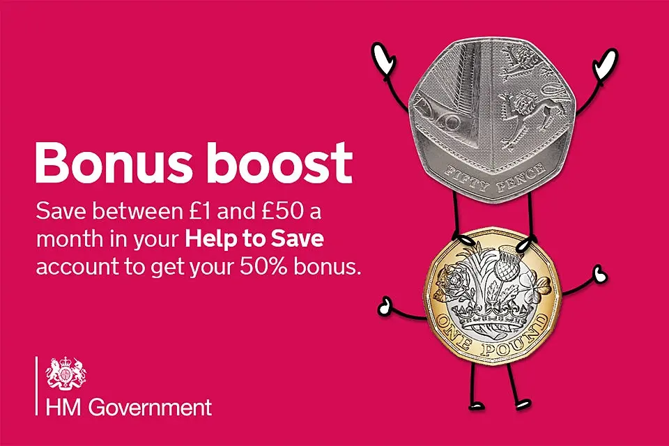 HM Government graphic explaining Help to Save account 50% bonus boost