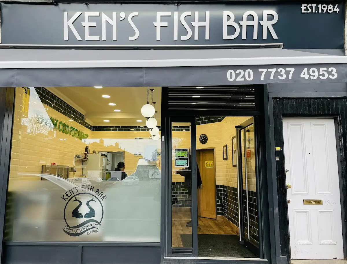 Interior of Ken's Fish Bar in Islington, a classic London chippy with a queue