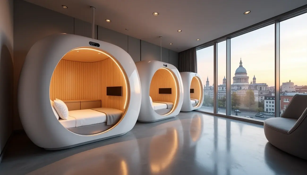 Three modern white sleeping pods in a room with a large window offering a skyline view, showcasing Stylish Pod & Capsule Hotels in Central London