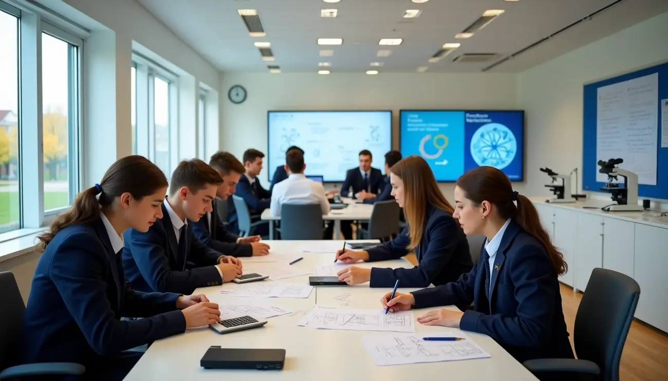 Students in uniform diligently studying around a large desk, considering their options for the best sixth forms in london