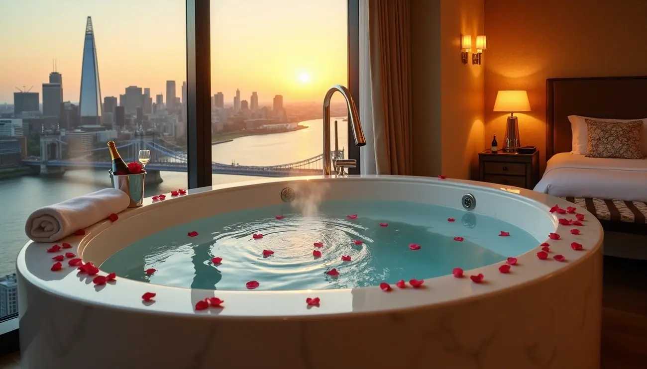 Luxurious London hotels with hot tub in room offering a romantic ambiance with a stunning nighttime city view through large windows