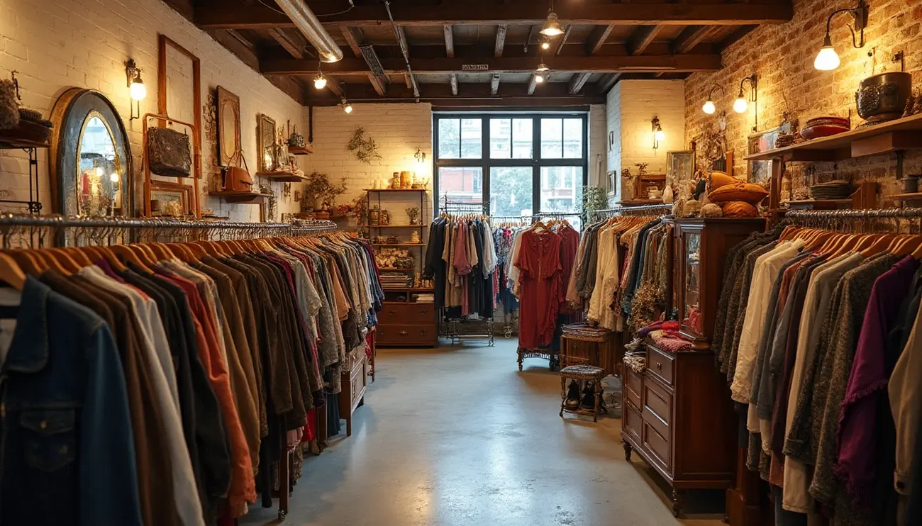 Well-organised interior of one of the many vibrant Thrift Shops London offers, with colourful vintage clothing hanging on racks