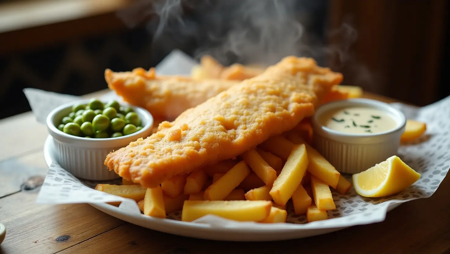 Golden battered cod and chunky chips, representing the best Fish and Chips in London, served with tartar sauce and a lemon wedge