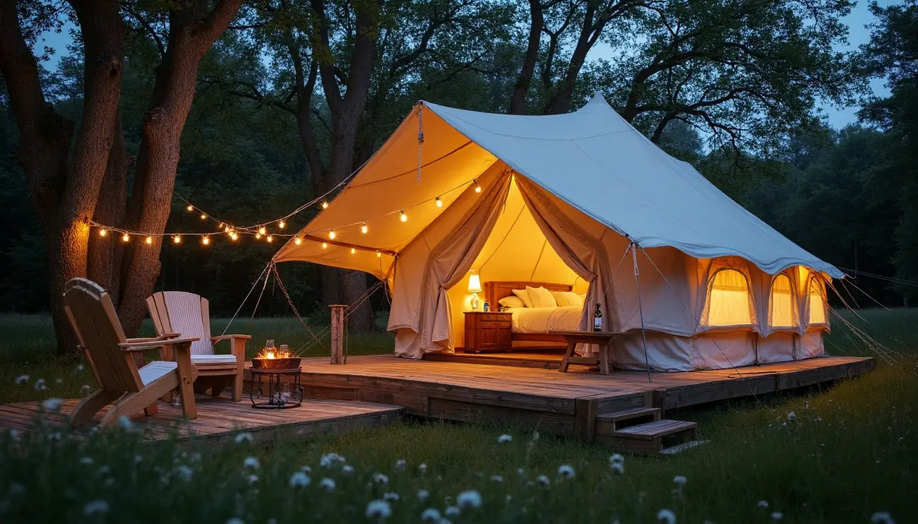 Comfortable safari tent offering Glamping Near London, warmly lit at dusk with a cosy bed, wooden deck chairs, and a fire pit