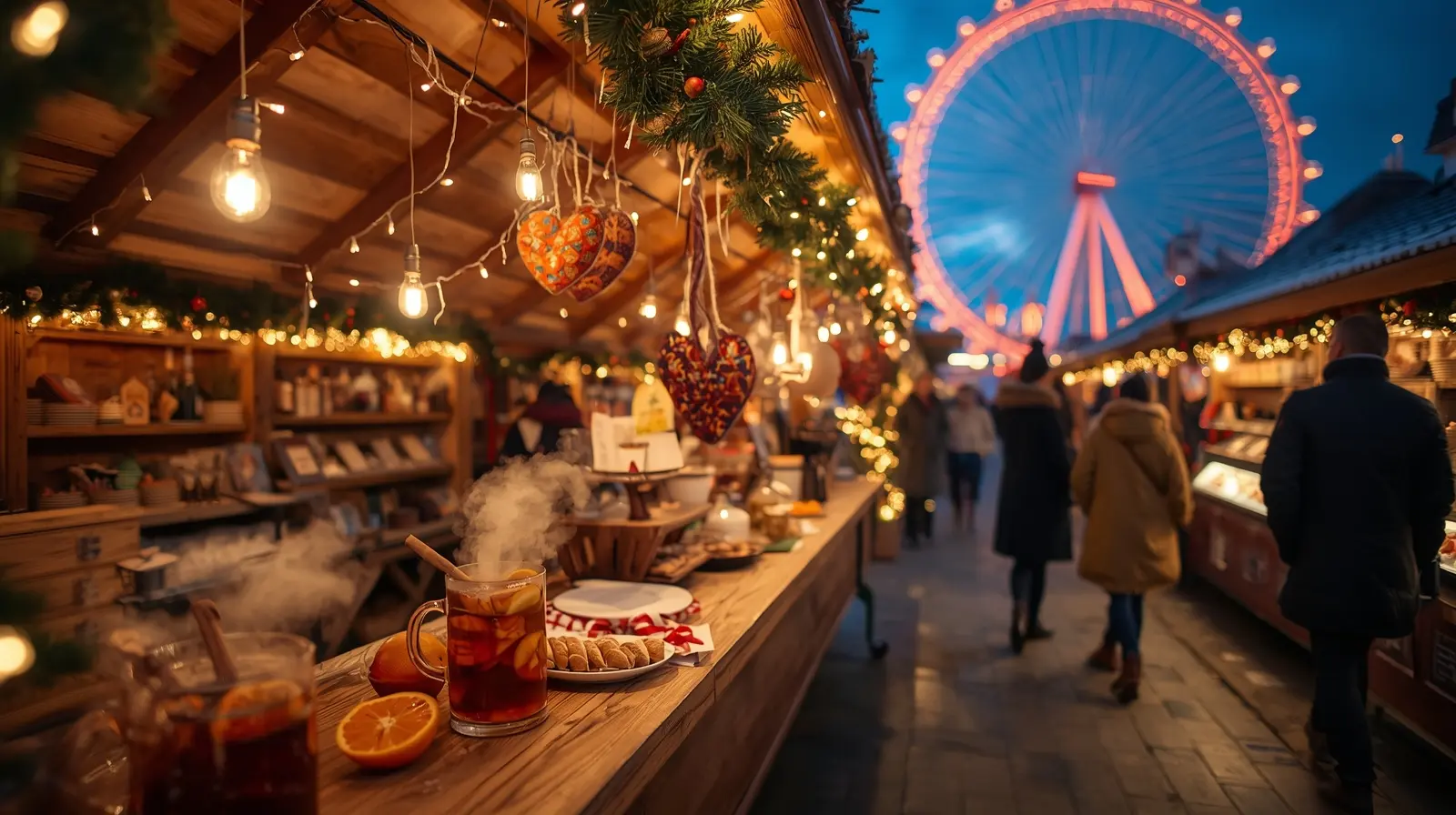 Steaming mulled wine on a festive stall at the Christmas Markets in London, with a large illuminated Ferris wheel in the background