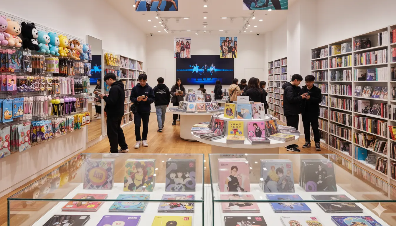 Shoppers browse albums and merchandise in one of the bright and modern Kpop Stores in London
