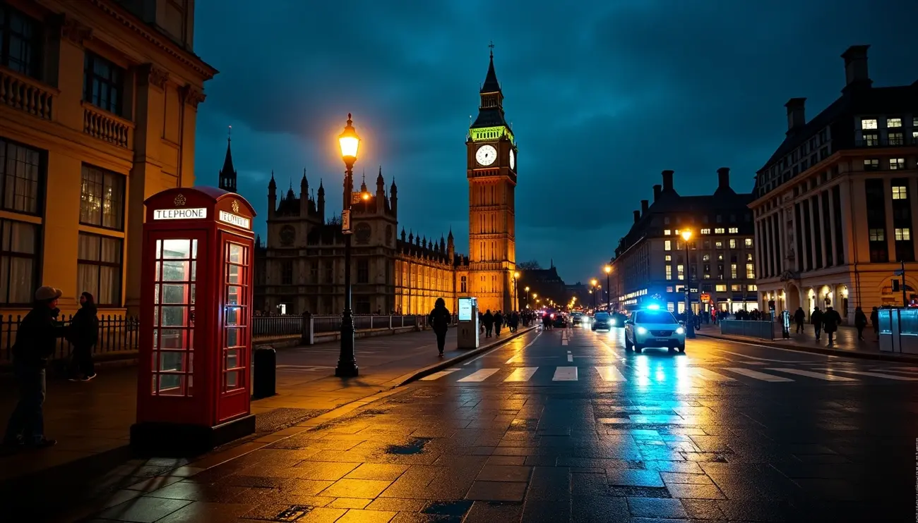 Wet London street at night with Big Ben, a red phone booth, and a police car, highlighting dangerous areas in London
