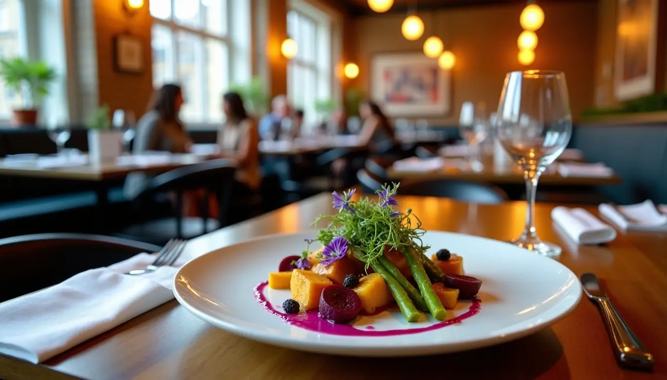 A beautifully plated dish with asparagus and beetroot at one of the best vegan restaurants London has to offer