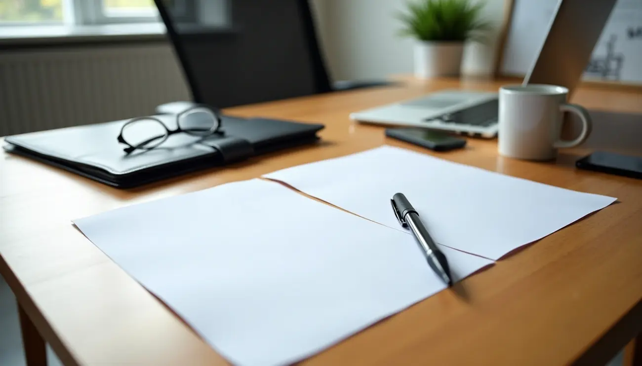 Pen and blank CV paper on a desk with laptop, glasses, and coffee mug - how to write a CV UK setup