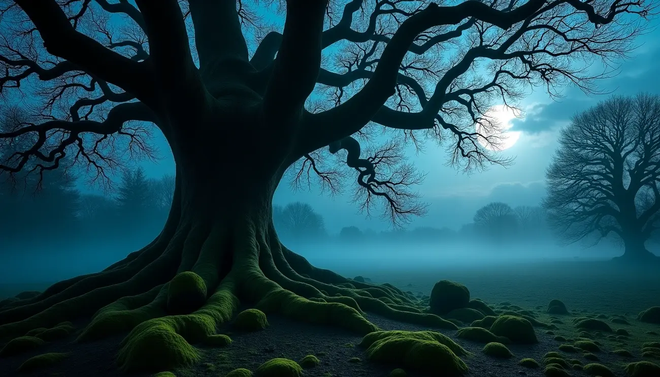 Giant, ancient, moss-covered tree with gnarled roots under a full moon in a foggy field, evoking haunted places in the UK