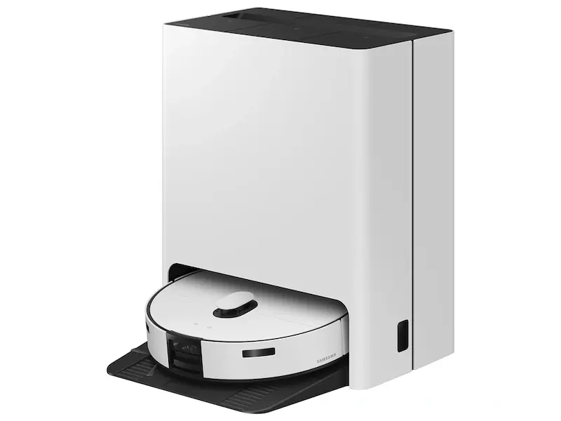 White Samsung Bespoke Jet Bot AI+ Robot Vacuum docked at its cleaning station