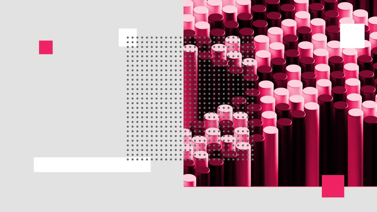 Abstract design with rows of pink metallic cylinders and a dotted grid pattern on a light grey background