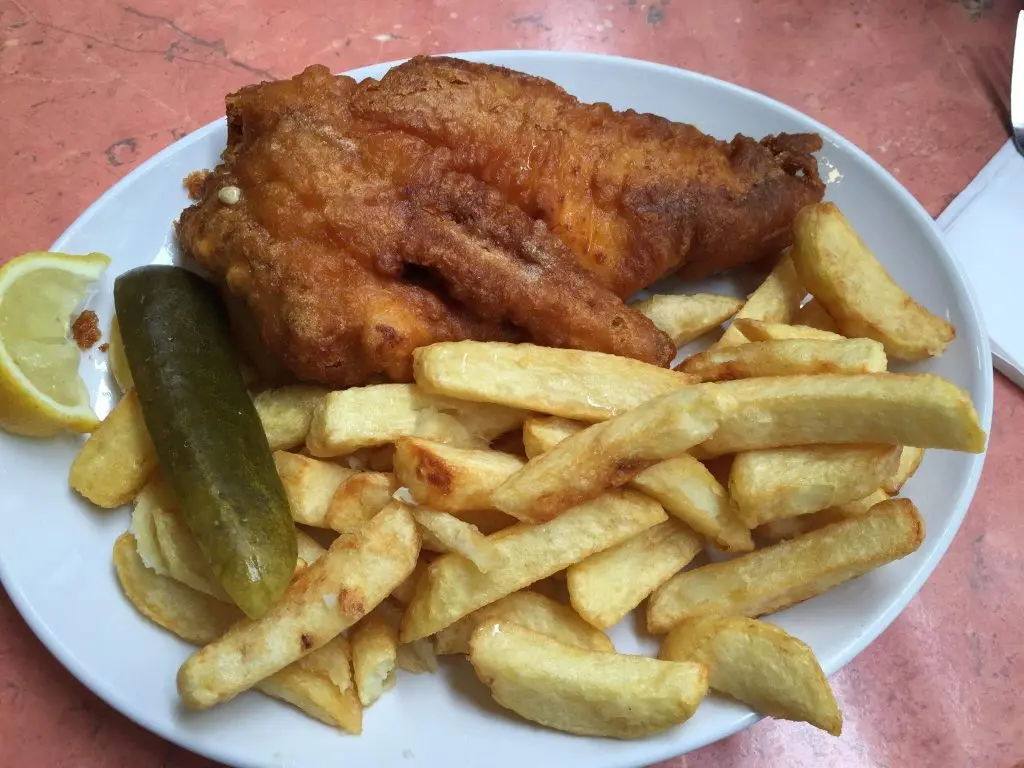 Takeaway box of Fish and Chips from Superfish, ready to eat