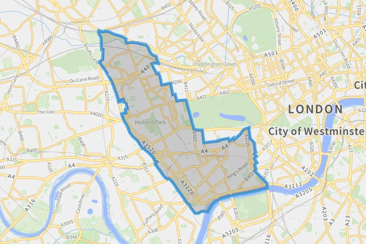 Street map showing the official boundary of the London borough of Kensington and Chelsea