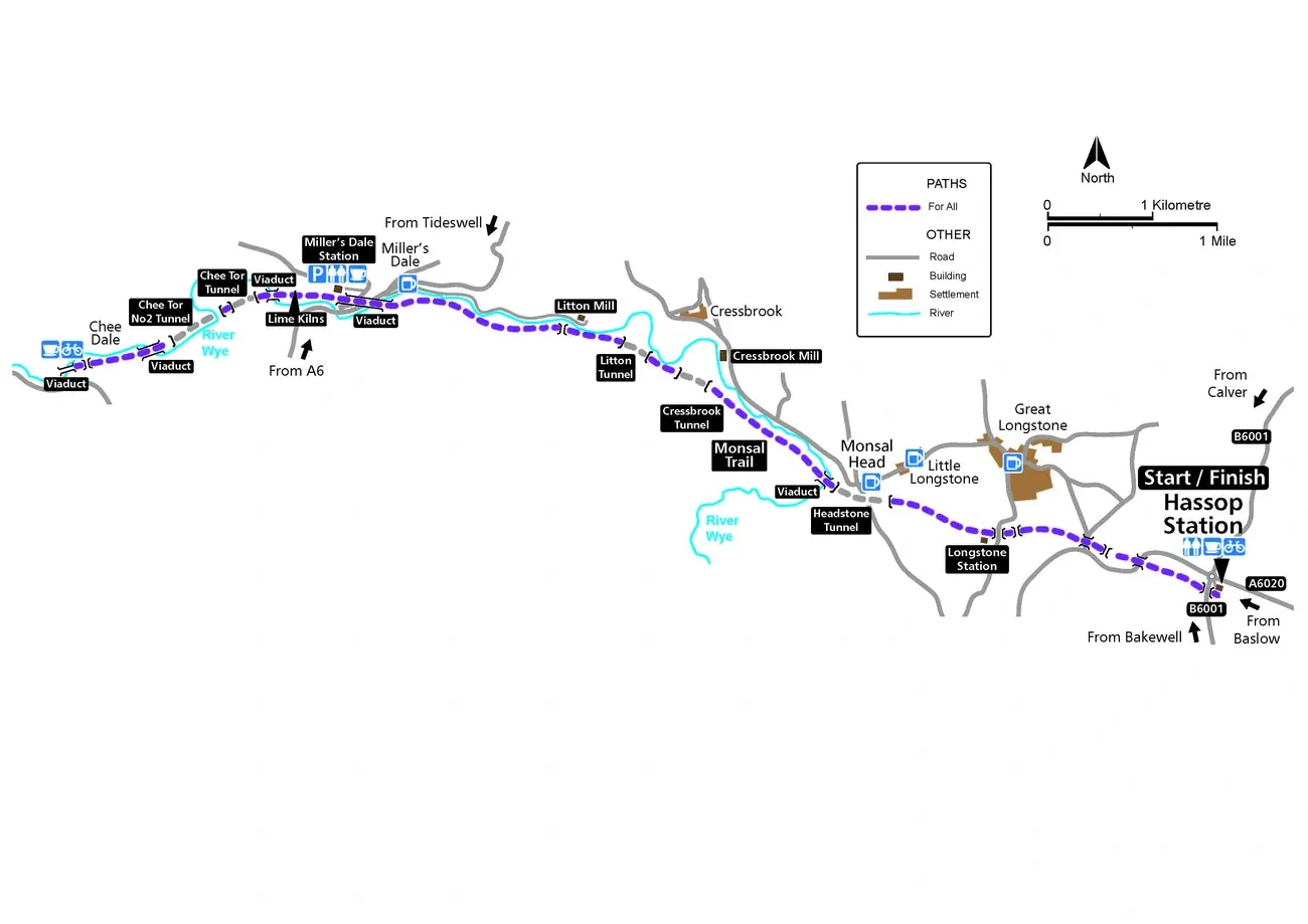 Map detailing the route of the Monsal Trail including viaducts and tunnels
