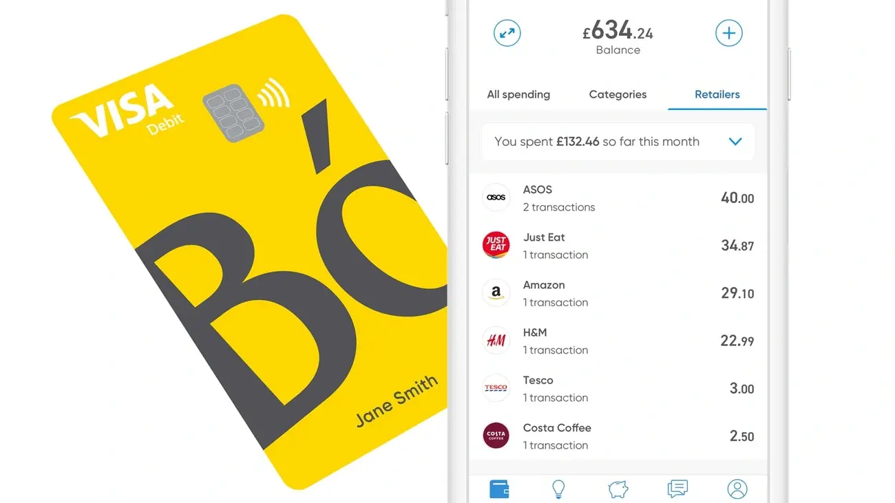 Bó VISA debit card next to a smartphone displaying the app's spending categories